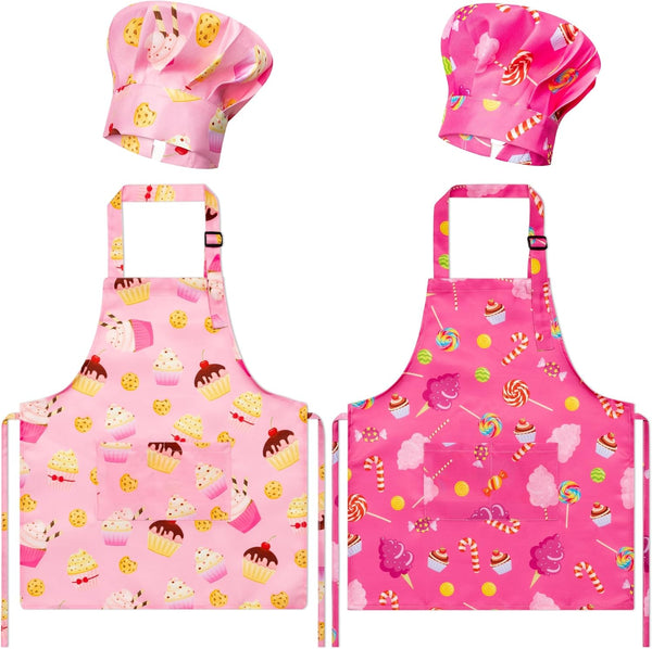GROBRO7 4Pcs Kids Apron and Chef Hat Set Gift for Girls Boys,