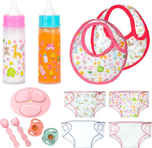 13-Piece Set Set 1218 My Sweet Baby Doll Feeding & Diaper Bag Disappearing Milk Bottles, Bibs, Pacifiers, Diapers