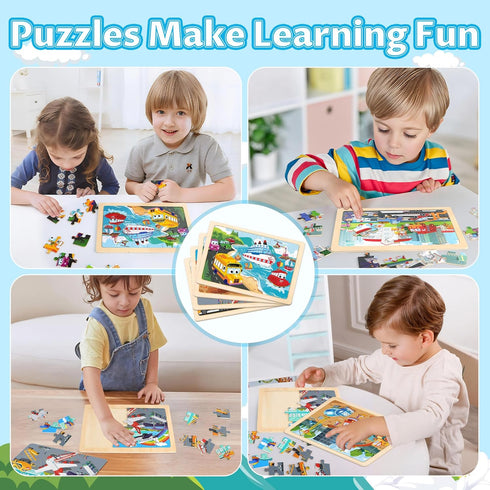 3-5, 4 Packs 4-6, 24-Piece 3-5,Preschool 4-8 Wooden Puzzles for Kids Ages Puzzles for Kids Ages Truck Vehicle Wood