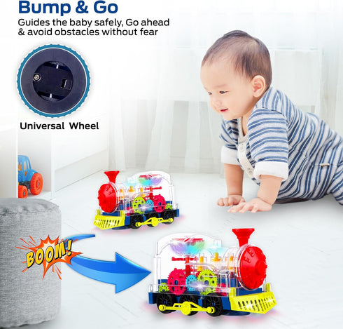 Music Train Toy with LED Light - Colorful Moving Transparent Gears for Kids, Tummy Time Crawling Baby Toys