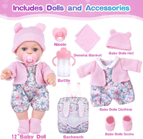 BDDOLL 12 Inch Backpack Playset Backpack, Baby Doll with Dolls Clothes and Accessories Included Washcloth, Bottles
