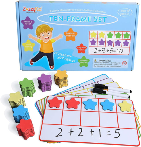 ZazzyKid Magnetic Ten-Frame Set, Math Manipulatives for Classroom Learning Counting Games for Kindergarten Kids