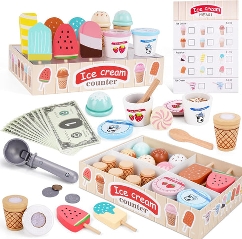 Wooden Ice Cream Toys for Toddlers 3-5, Kids Wooden Toys Play Kitchen