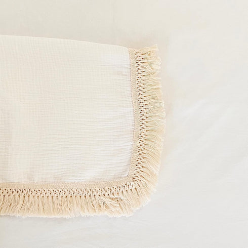 Muslin Cotton Baby Receiving Blanket with Fringe, Boho Bohemian Tassels, Nursery Decor, Boy or Girl Unisex Swaddle