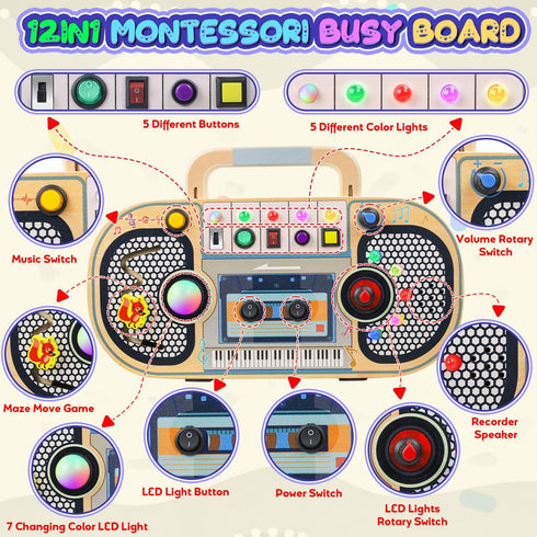 Ansee 2 Busy Board Montessori Toys for Toddlers, Wooden Sensory Toys with LED Light, Switches, Music, Labyrinth, Adjust