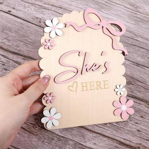 QFGasre 3D Baby Announcement Sign Hello Worlds Newborn Sign Wooden Pink Bows Birth Announcement Signs Shes Here Card