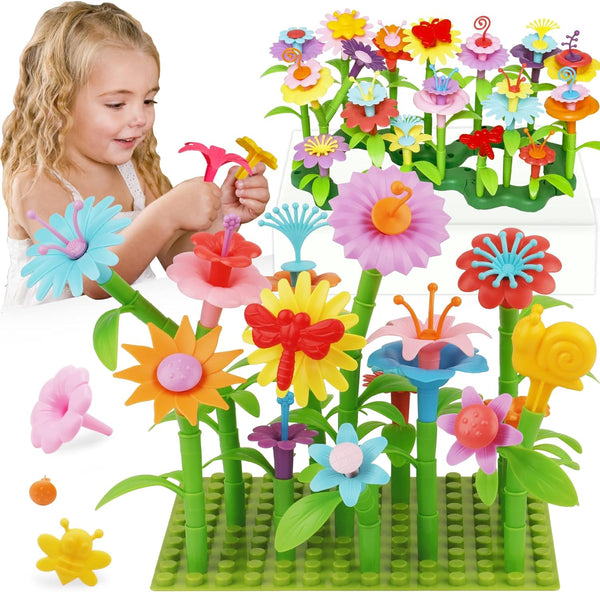3-6 Years Old Toddler Toys - Flower Garden Building Toy with Insect Pegs, 153Pcs Educational STEM Stacking Set