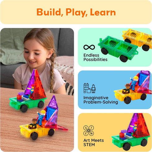 2pcs 3 PT21 PicassoTiles Magnetic Tiles Expansion Car Truck Building Blocks Compatible with regular bricks, Kids Magnet