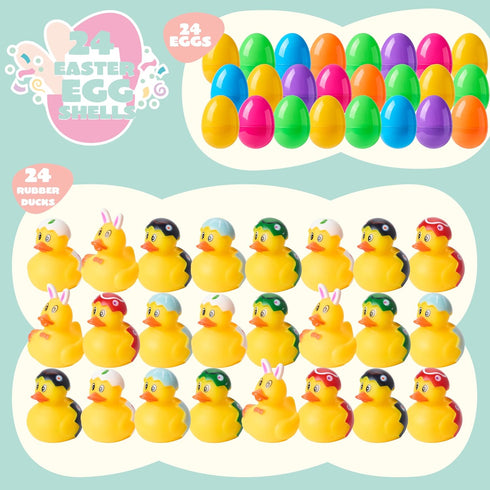 24 JOYIN Pcs Prefilled Easter Eggs with Rubber Ducks, Variety Duckies for Easter Egg Hunt, Kids Basket Stuffer, Bath