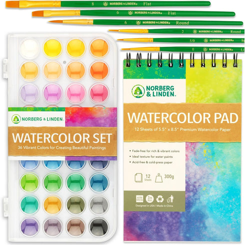 Norberg & Linden Watercolor Paint Set - 36 Premium Paints, 12 Page Pad, 6 Brushes, Palette, Art Supplies