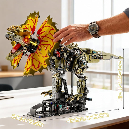 HJPLPXH 1277 Set Pcs Mechanical Dilophosaurus Building Blocks Steampunk Dinosaur Model with LED Eyes and Manual Linkage