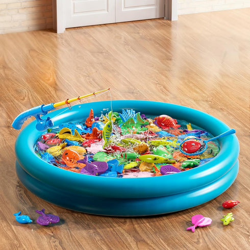 NIPLOOOW 3 4 5 6 Pool Fishing Toys Games, Water Table Bathtub Toy with Inflatable Pool Pole Rod Net Plastic Floating