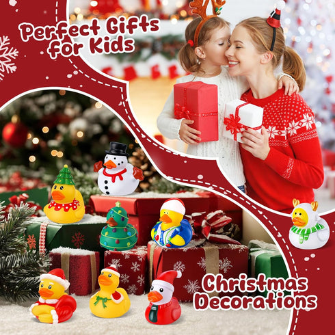 24 Pcs Christmas Rubber Ducks with a Bag, Christmas Stocking Stuffers for Kids, Santa Duckies for Xmas Party Favors