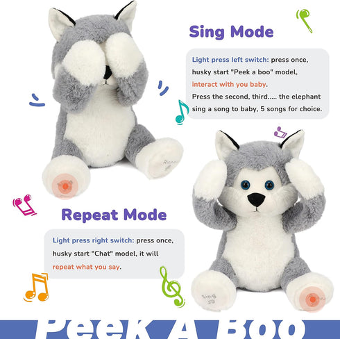 Hopearl Peek A Boo Husky Interactive Plush Dog Toy, Musical Singing Talking Stuffed Animal, Gray, 11.5''.