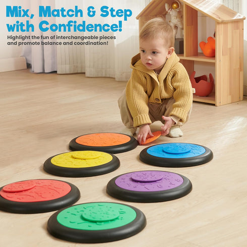 Pack 6, 3+ Sensory Stepping Stones for Kids of Classic Colors Autism-Friendly Balance Stones | Non-Slip Indoor Activity
