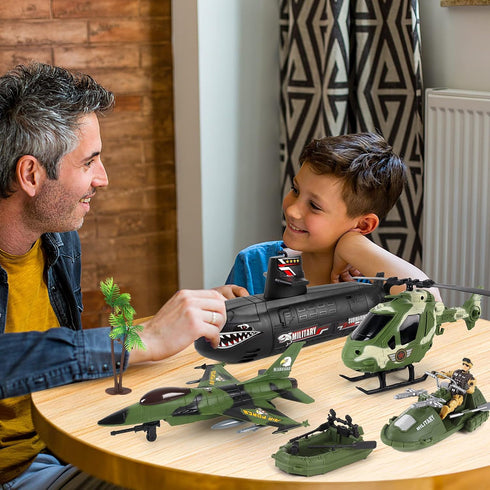 Playset 3-9 deAO Submarine Toy Army Men Action Figures with Military Vehicles - Helicopter, Boat, Aircraft for Boys Age