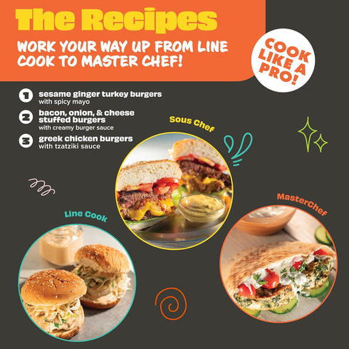 Masterchef Junior Kid's Burger Cooking Set - 9 Pc Kit with Real Cookware for Children, Bowl, Recipes, Hamburger Press