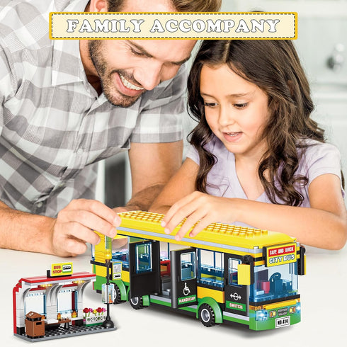 WEMEWEME Set 6+, 386PCS City Bus Building Blocks for Kids Pushable Bus Toy with Station Platform, Realistic Doors