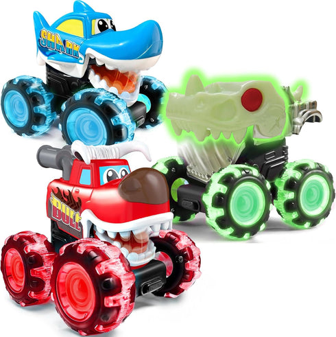 stargo 3 Pack Monster Truck Toy - Motion Activated Light-Up Cars for Toddlers