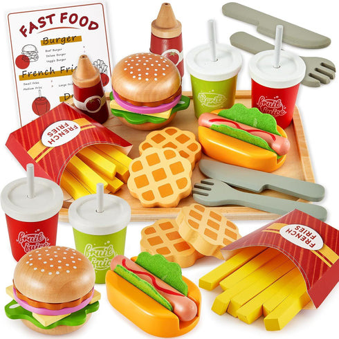 BUYGER Play Food Sets for Kids Kitchen, Wooden Fast Food Hamburger Play