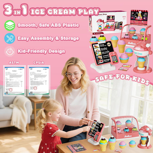 Set, Counter Playset, 3+ Ice Cream Toys Pretend Play Shop Store, Ice Cream with Light, Ice Cream Maker Cashier Toy