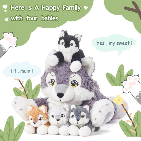 IKASA Mommy Wolf Stuffed Animal, 18" Soft Plush Toy with Mini Babies, Cute Family Set, Gifts for Kids