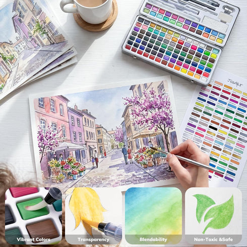 108 Set,Art Set JusArt Colors Watercolor Paint Supplies with Metallic Color, Detail Painting Brushes, Water Brush Pens