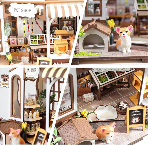 Teens,3D DIY Miniature House Kit,Pet Shop Dollhouse Miniature Kit with LED & Furniture,Mini Diorama House Building Kit