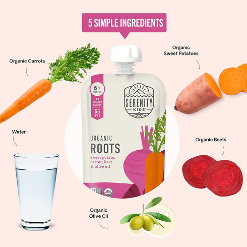 Serenity Kids 6+ Months Organic Veggie Puree Baby Food Pouches, No Added Sugar, 3.5 Ounce BPA-Free, Roots, 6 Count
