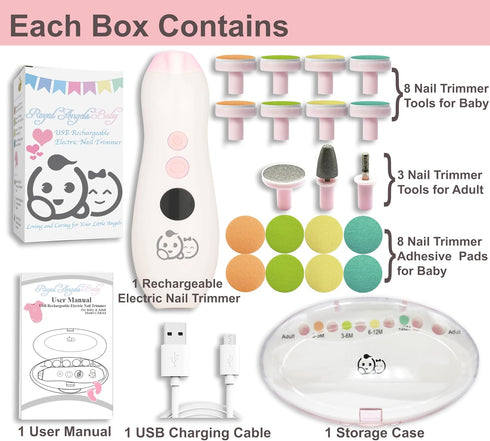 Royal Angels 22 1 Trimmer 13 Rechargeable in Baby Nail with LCD Display, Labeled Case, Extra Pads, Safe Quiet LED Light