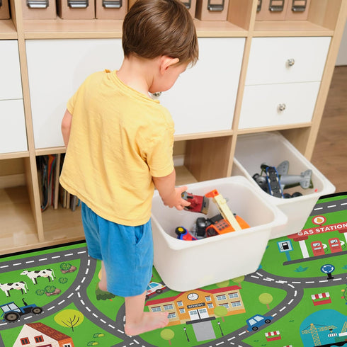HUXINO 36"x24" Kids Play Mat Rug, Low Pile City Road Traffic Carpet, Educational Toddler Playmat with Farm & Vehicle