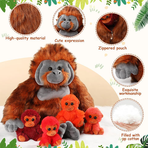 Lenwen 5 Pcs Plush Gorilla Stuffed Animals Set - 14 Inch Large Mommy Gorilla with 4 Baby Gorillas for Kids Gifts