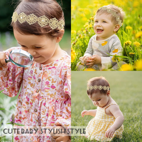DANMY Baby Girl Super Elastic Headband, Cotton Lace Toddler Hair Band, Gold, 1pcs