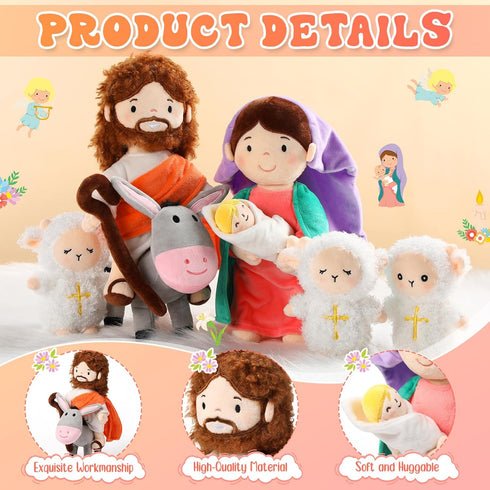HyDren 6 Pcs Christian Religious Plush Doll Set, 11 Inch Jesus Plush with Virgin Mary, Donkey, Lambs, Stuffed Jesus