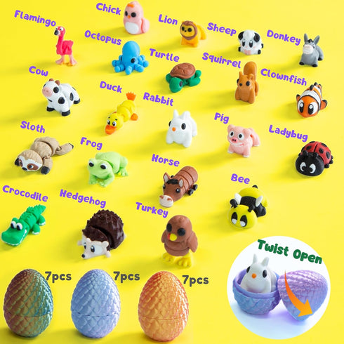 21 3D 21 Monjita Pcs Printed Easter Eggs with Pcs Mini Animal Figurines Inside, Flexible Articulated Fidget Wigglitz