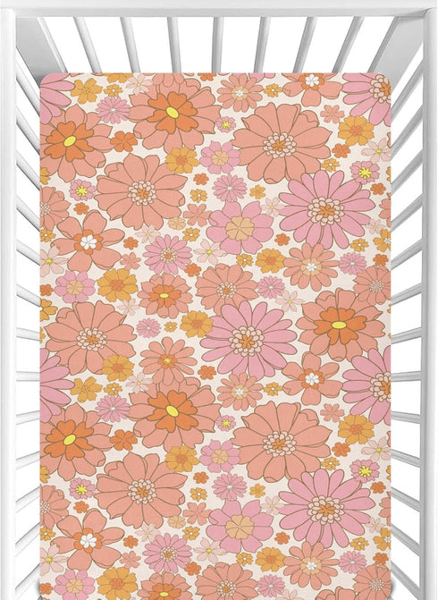 CaTaKu Mini Crib Sheets Fitted for Girls Boys Retro Orange Flower Baby Crib