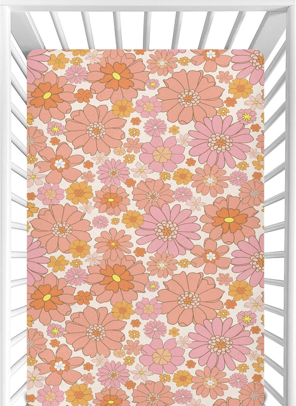 CaTaKu Mini Crib Sheets Fitted for Girls Boys Retro Orange Flower Baby Crib