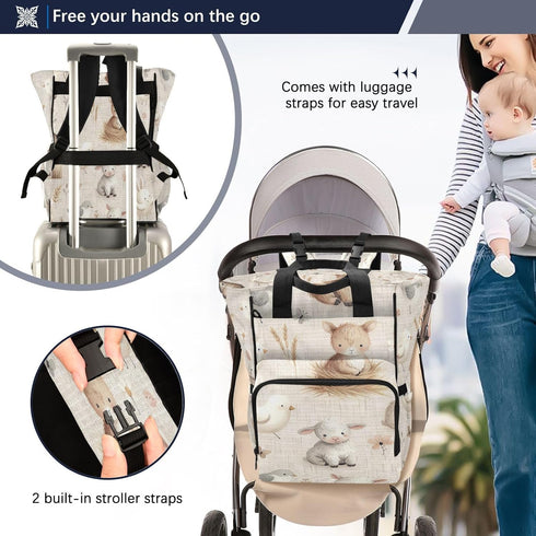 YANENDIE Backpack, Backpack Backpack Farm Animals Diaper Bag Unisex Travel Baby Diaper Bags with Stroller Straps