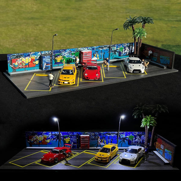 Hotwheels Display Case 1/64, Scenic Diorama Car Park with LED Lights, Model Display Case for 5 Parking Spaces
