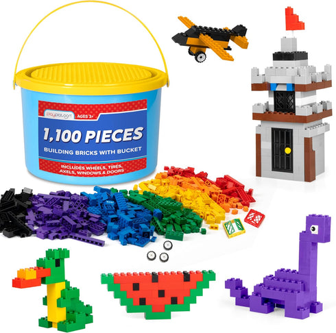 Play Platoon 1100 Pieces Classic Building Bricks Set - Assorted Tub of Small Blocks for Kids, Includes Wheels & Tires