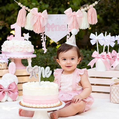 1st Pink Bow Birthday Highchair Banner Decorations Wood Bead Tassel Garland Cone Hat Wooden Cake Topper For Baby Girls