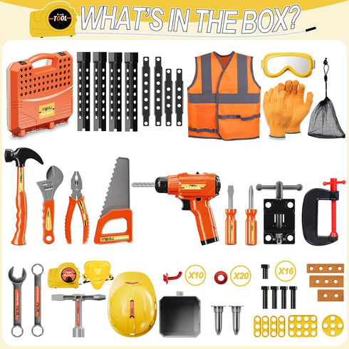 Kids Tool Bench Set, MAGIC4U 95PCS Toddler Workbench with Electronic Drill, Safety Vest & Hat for Ages 3-8