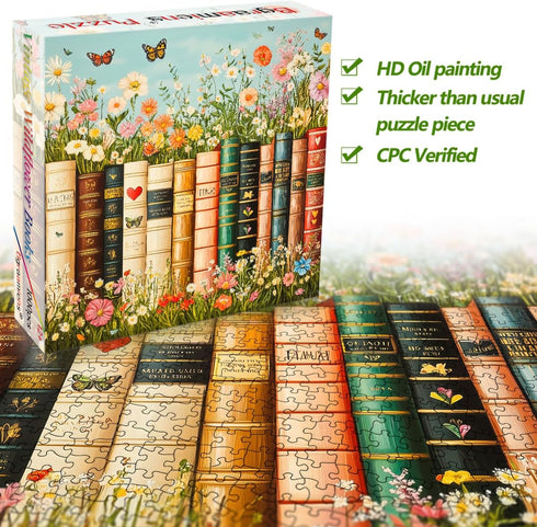 1000 Bgraamiens Vintage Wildflower Books Piece Jigsaw Puzzle Aesthetic Floral Book Spines Puzzle for Adults and Teens