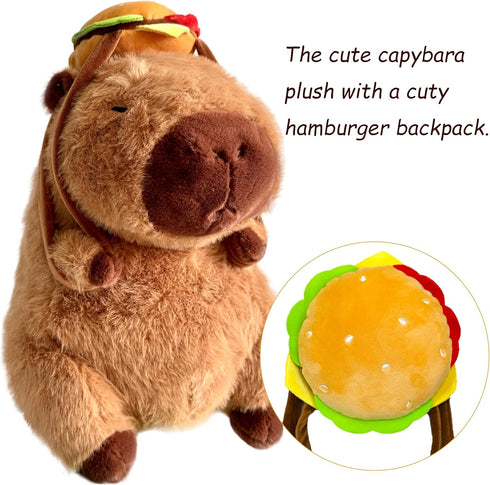 Tanha Capybara Plush Toy, Soft Stuffed Animal with Hamburger Backpack, Cute Capybara Gifts, 33cm / 13inch