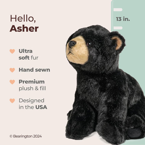 Berington Asher Plush Black Bear Stuffed Animal - 13 Inches
