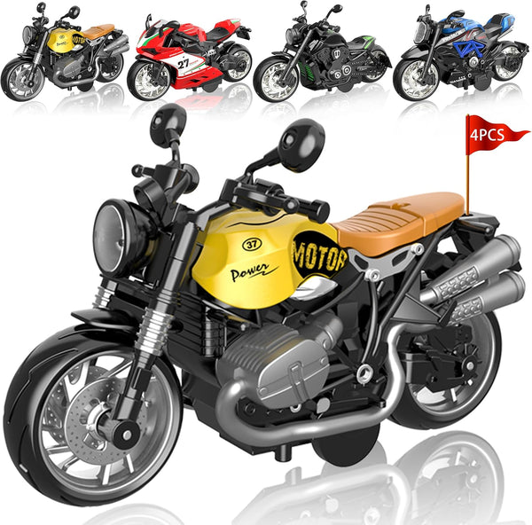 MQDMINI 4-Pack Pull-Back Motorcycle Toys - Friction Powered Kids Toy Cars with Lights,
