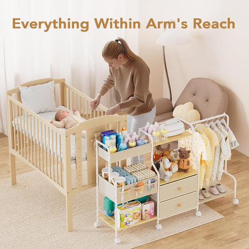 3 BBLIKE Diaper Caddy Organizer with Hanging Rack - Tier Rolling Utility Cart with Drawers and Dividers for Baby Bottle