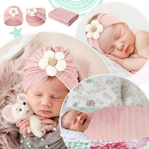 Baby Girl Blankets Newborn Set, 3 Pieces Receiving Blanket with Flower Headbands for Infant Toddler Kids