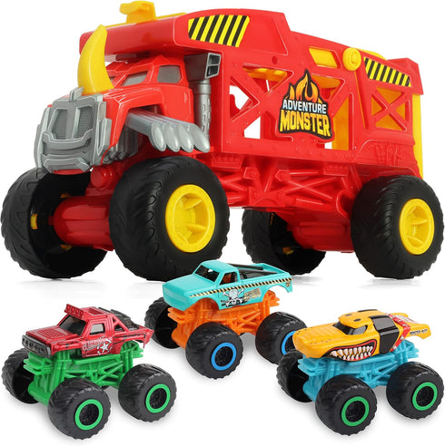 4-in-1 Monster Truck Transport Carrier Playset - Red Mover Rhino Toy Cars Hauler Set for Kids 3+