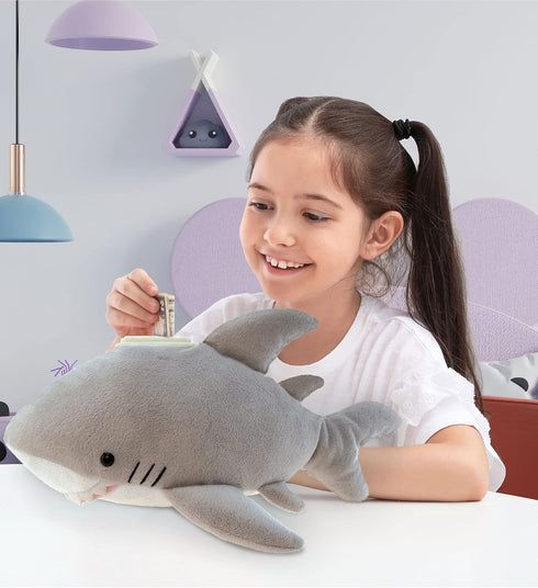 DolliBu Gray Shark Plush Coin Bank, Soft Stuffed Piggy Bank, 9 Inches